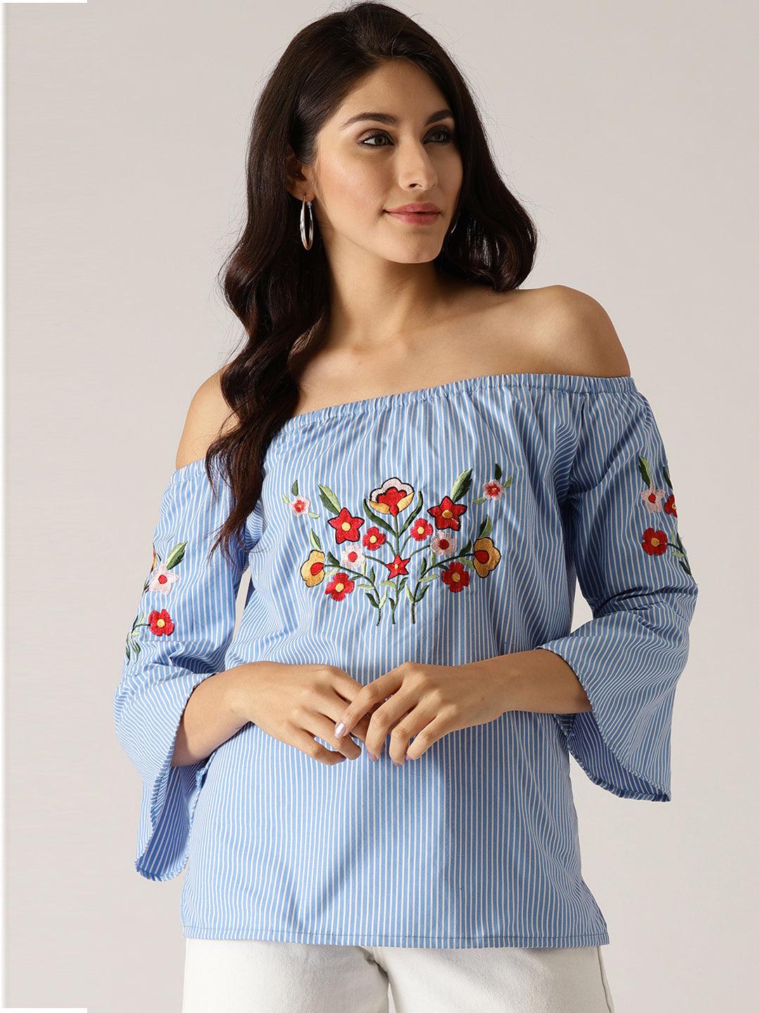 Blue &amp; White Embroidered Tunic - Znxclothing