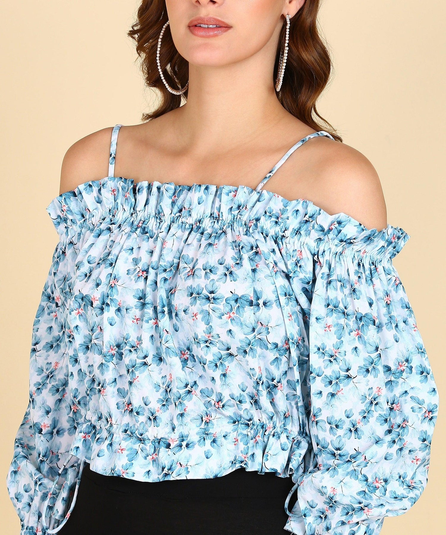 Sky Blue Floral Printed Bardot Top - Znxclothing