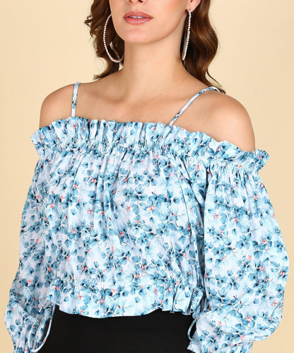 Sky Blue Floral Printed Bardot Top - Znxclothing