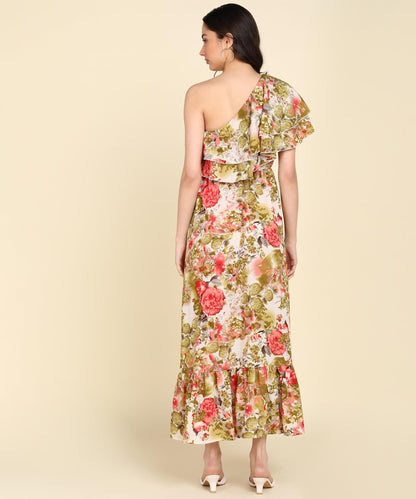 Green &amp; Red Floral Printed Frill Dress - Znxclothing