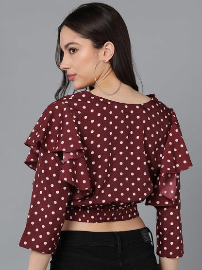 Maroon Polka-Dot Top with Double Sleeve - Znxclothing