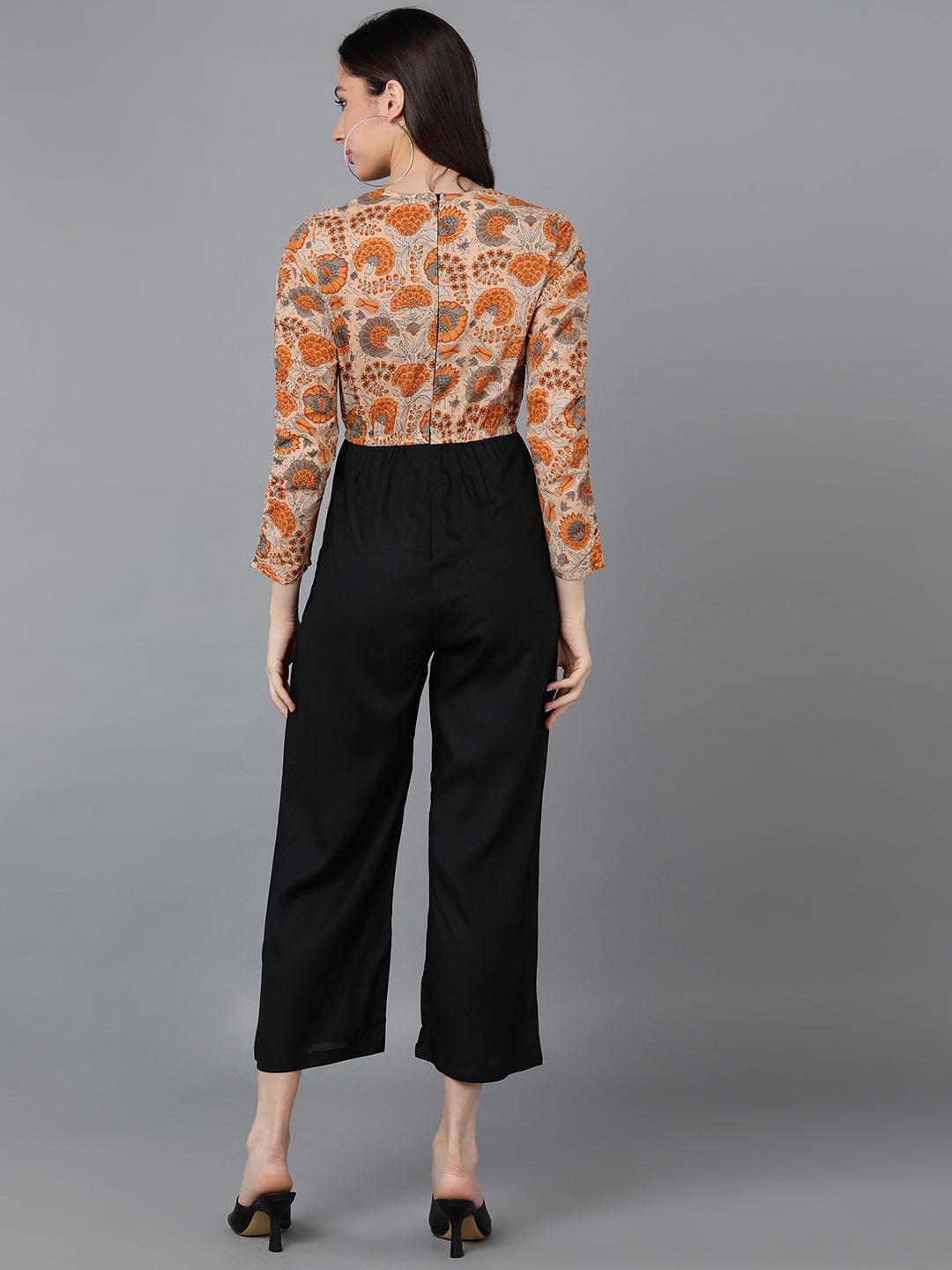 Yellow Printed Jumpsuit With Smocked Sleeve - Znxclothing