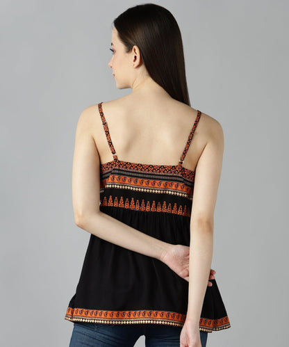 Znx Women Orange Gold Printed Black Top - Znxclothing