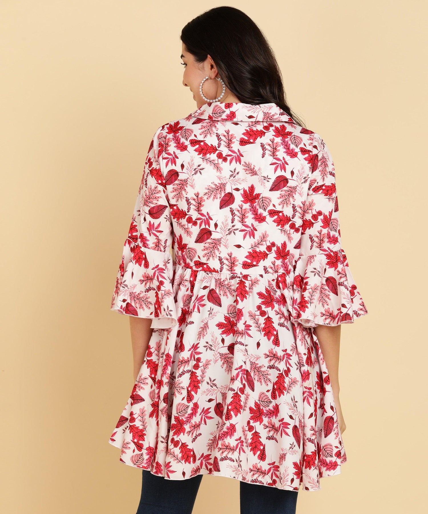 Pink Tropical Printed White Long Top - Znxclothing