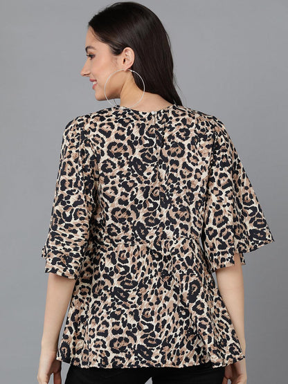 Beige Animal Printed Top With Flared Sleeve - Znxclothing