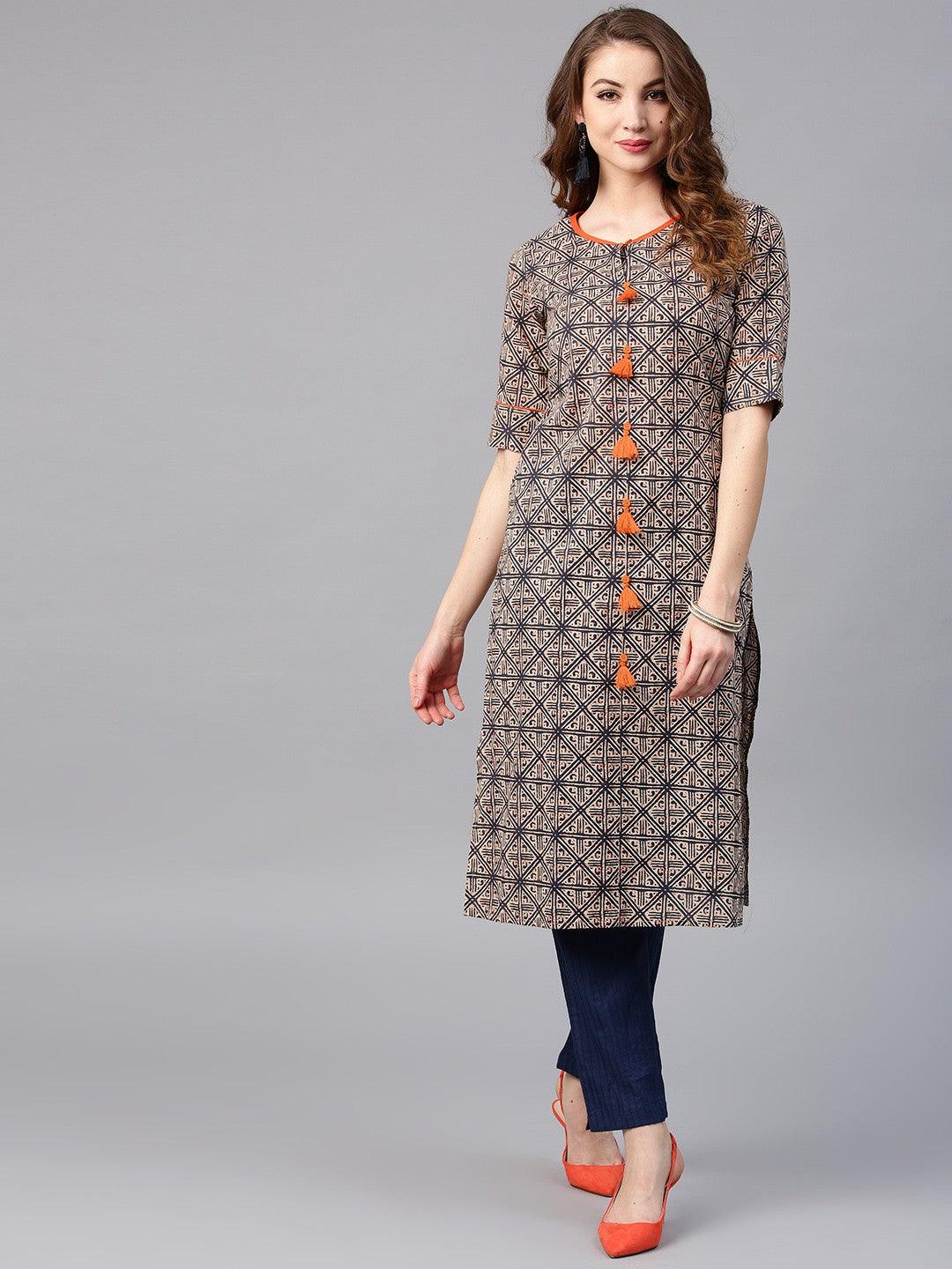 Beige &amp; Blue Printed Straight Kurta (Fully Stitched) - Znxclothing