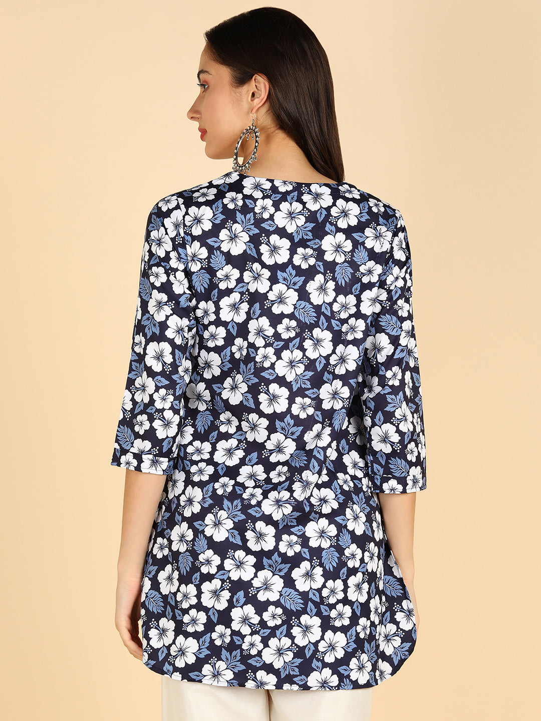 White Floral Printed Blue Straight Kurti