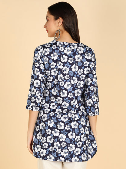 White Floral Printed Blue Straight Kurti