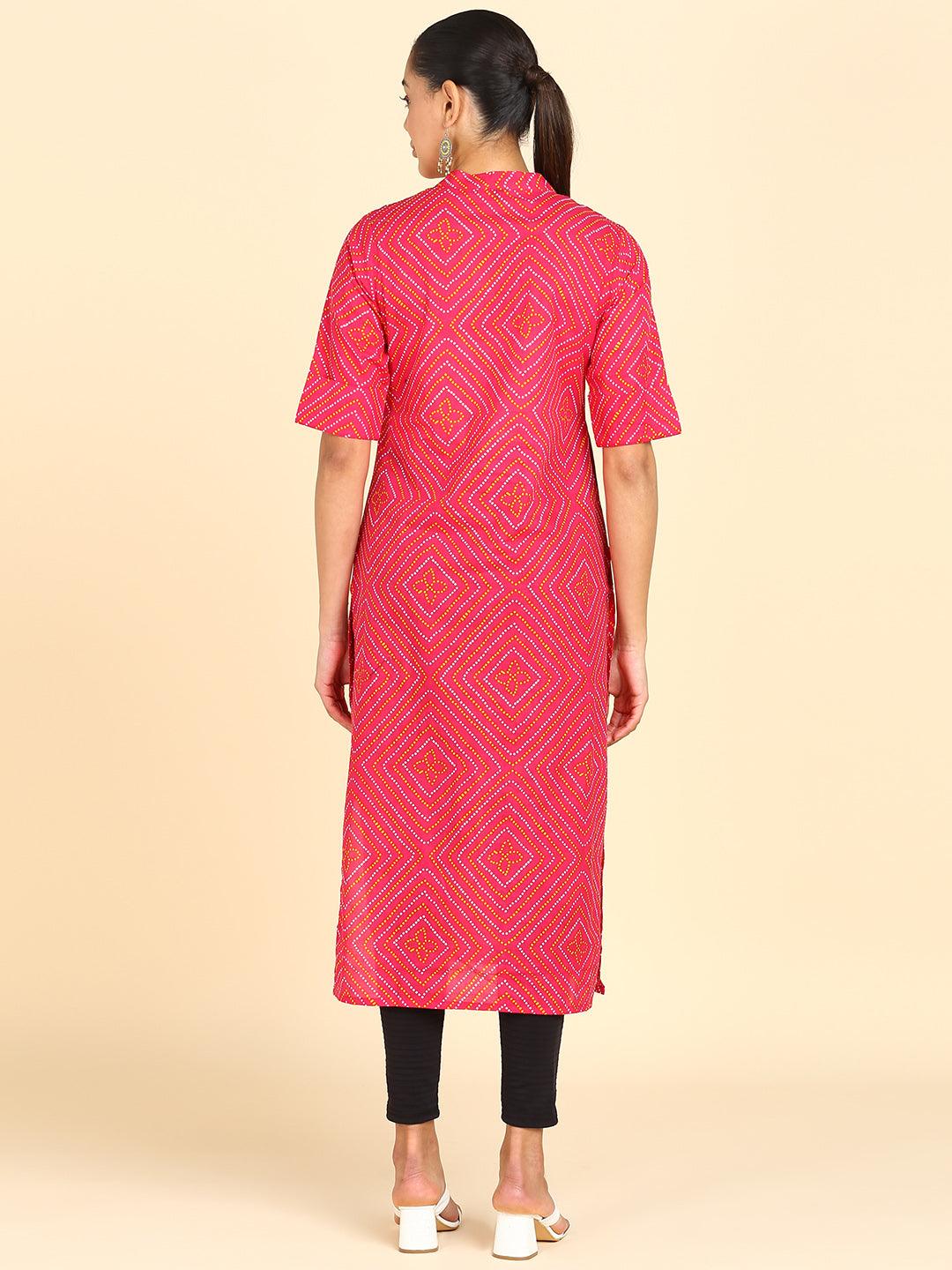 Pink Bandhani Printed Princess Cut Straight Kurta - Znxclothing