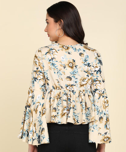 Front Tie-Up Designe Floral Printed Cream Top - Znxclothing