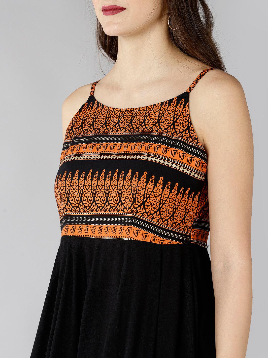 Znx Women Orange Printed Ankle length Black Dress - Znxclothing