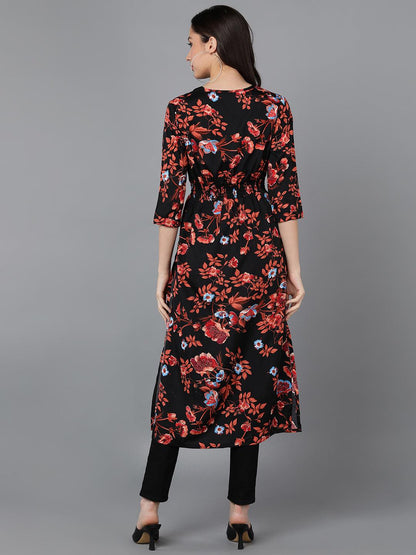 Rust Floral Printed Black Straight Kurti - Znxclothing