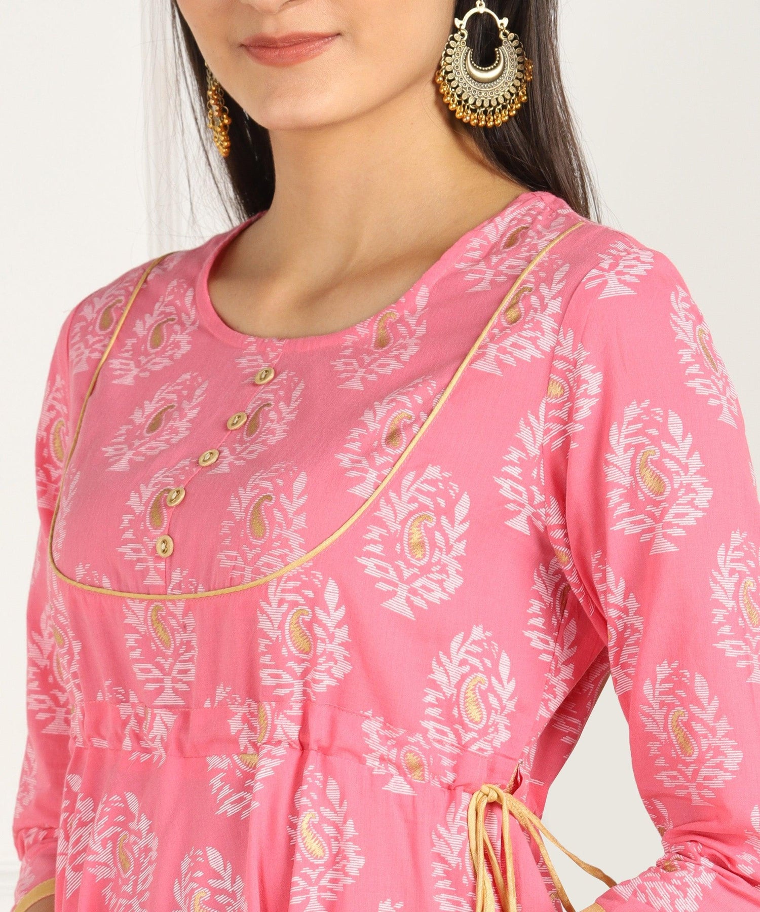Znx Pink Gold Floral Printed Flared Dress - Znxclothing