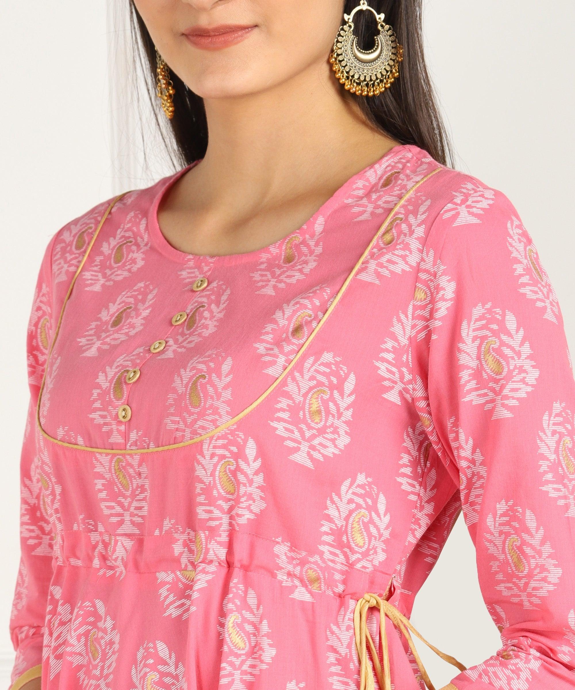 Znx Pink Gold Floral Printed Flared Dress - Znxclothing