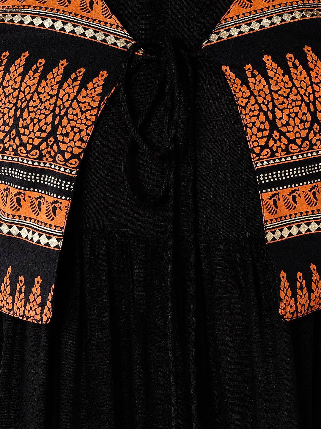 Znx Women Black Maxi Dress With Orange Printed Jacket - Znxclothing