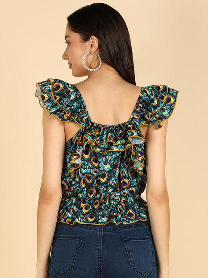 Green &amp; Black Printed Frilled Sleeveless Top