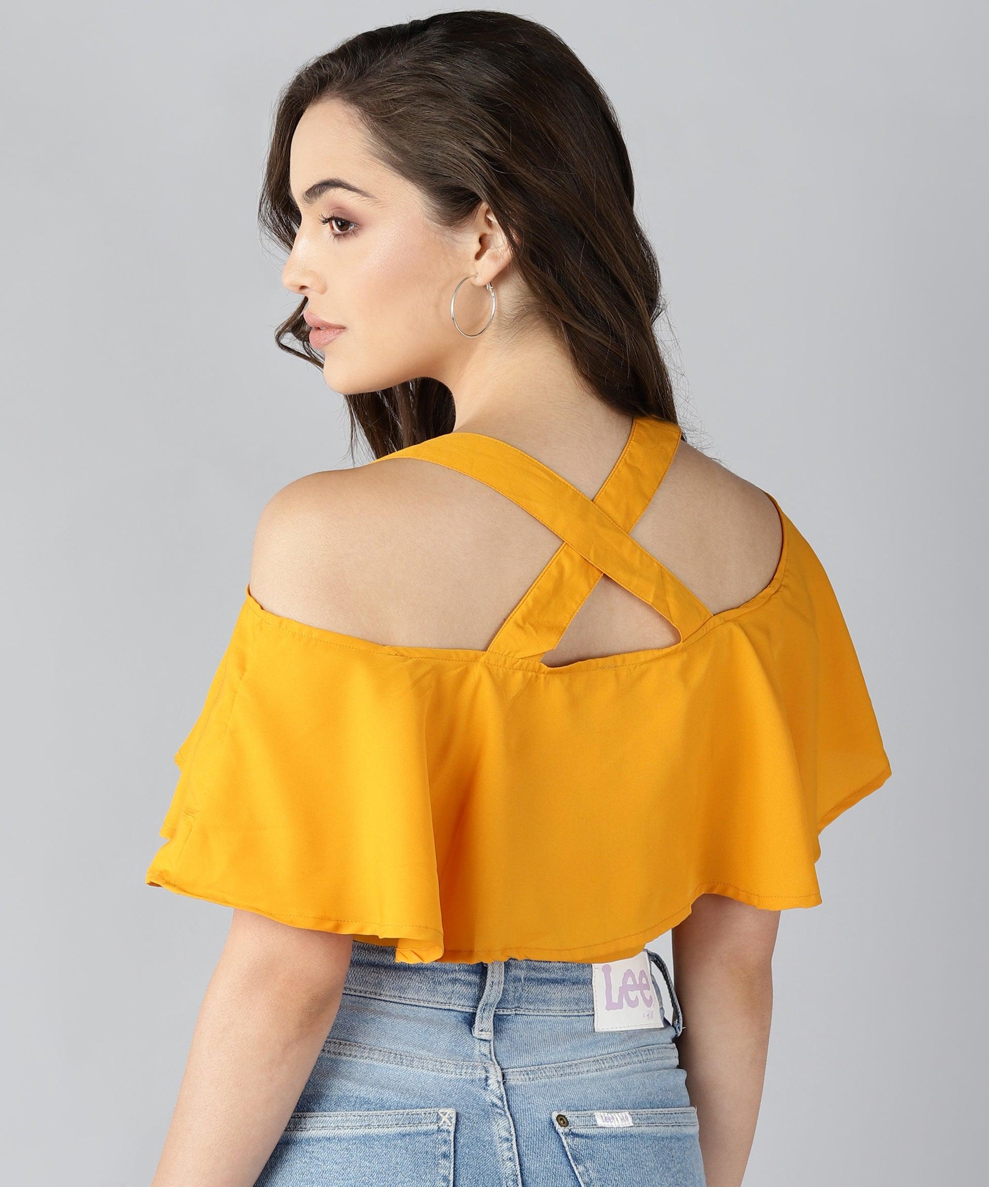 Women Shoulder Straps Yellow Solid Top - Znxclothing