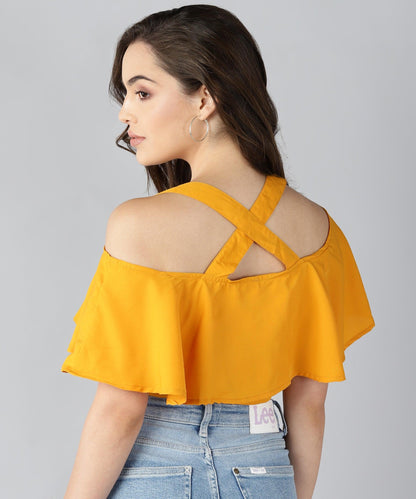 Women Shoulder Straps Yellow Solid Top - Znxclothing