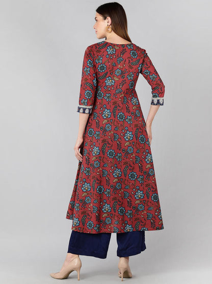 Floral Printed Maroon Flared Kurta With Lace Detail - Znxclothing
