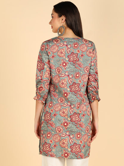 Floral Printed Green Straight Kurti