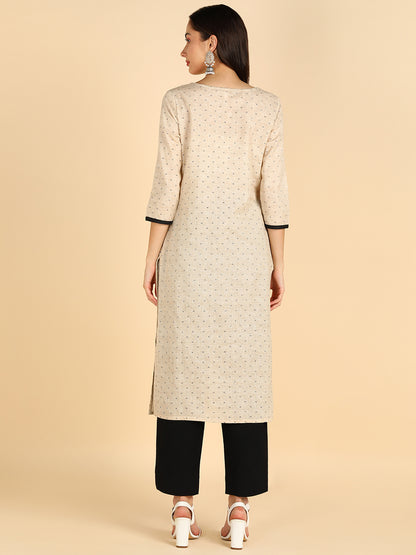 Women Beige &amp; Black Printed Pure Cotton Kurta with Trousers