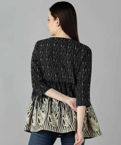 Znx Women Leaf Border Printed Black Top - Znxclothing