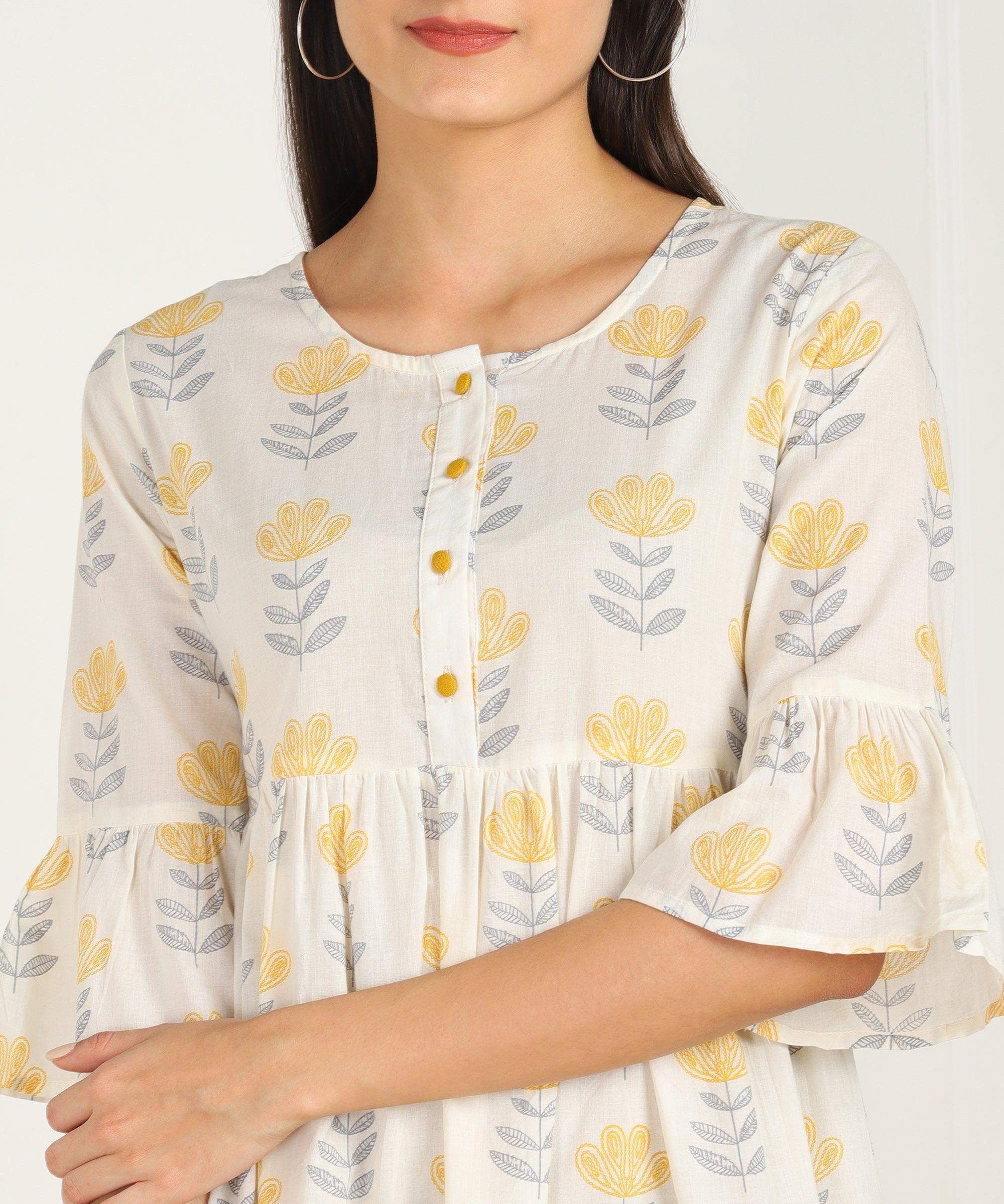 Znx White Yellow Floral Printed Flared Dress - Znxclothing