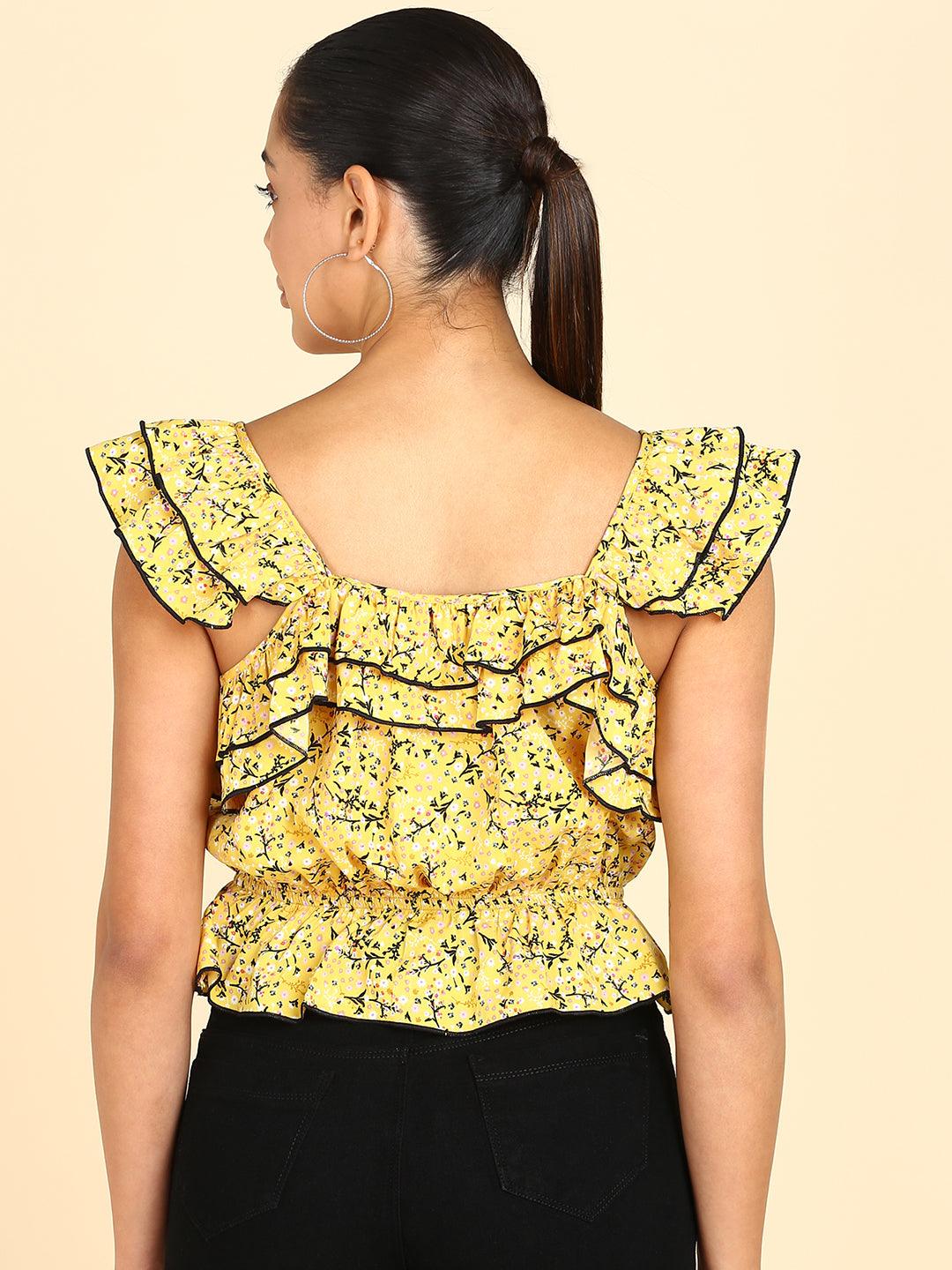 Floral Printed Yellow Empire Top - Znxclothing