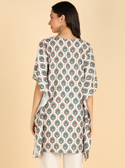 Floral Printed Off White Kafthan Kurta With Tassel Details