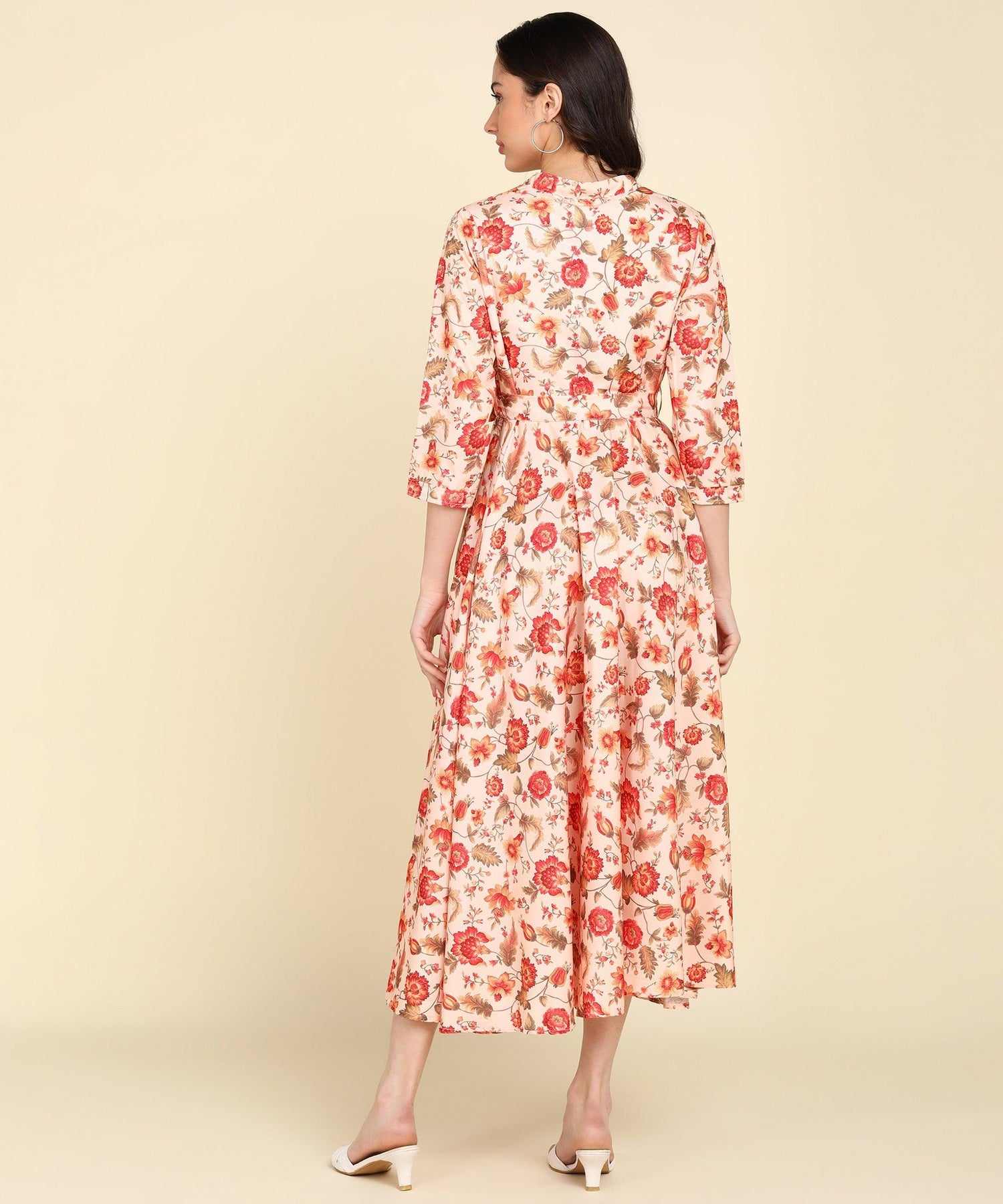 Red Floral Printed Beige Flared Dress - Znxclothing