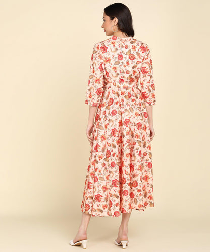 Red Floral Printed Beige Flared Dress - Znxclothing