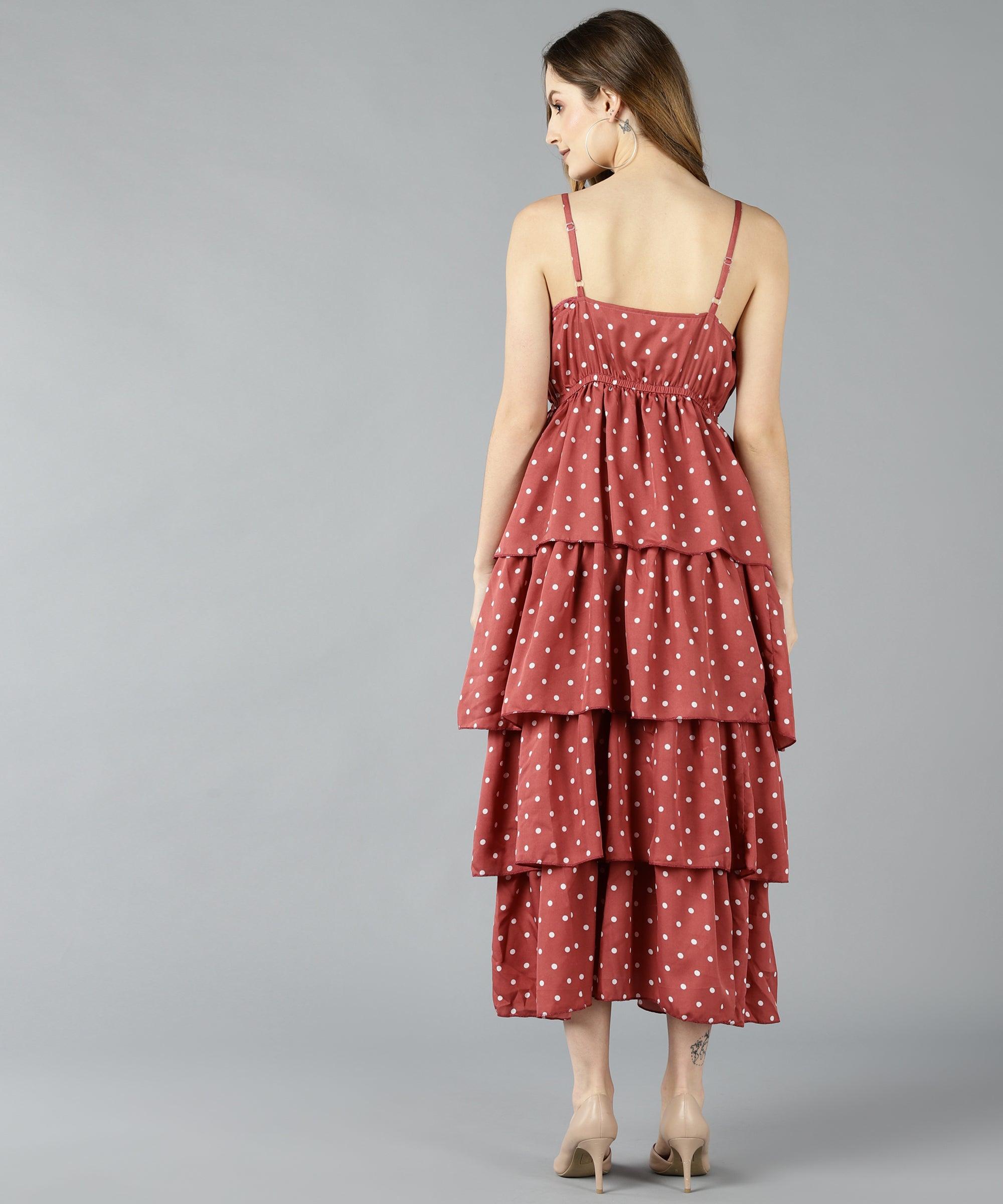 Znx Women White Dot Printed Pink Tiered Dress - Znxclothing