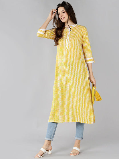 Znx Women Yellow Lehriya Printed Straight Kurti - Znxclothing