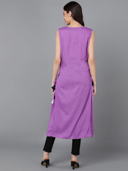 Solid Violet Straight Kurta With Side Tassel - Znxclothing