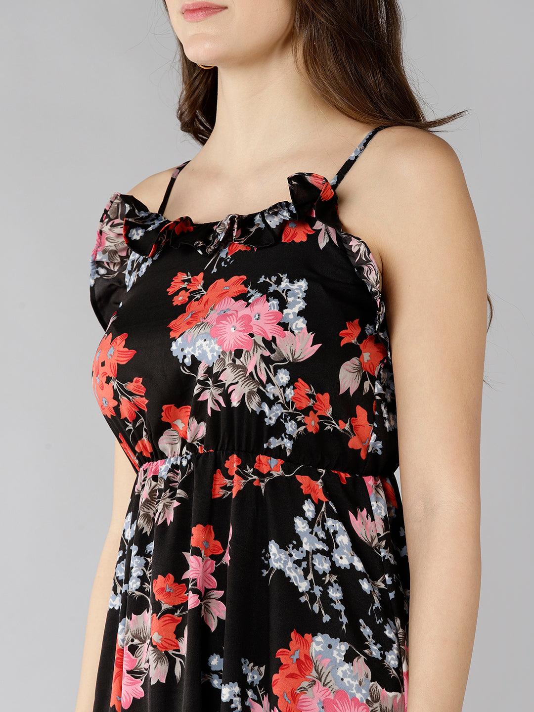 Znx Women Red Floral Printed Black Maxi Dress - Znxclothing