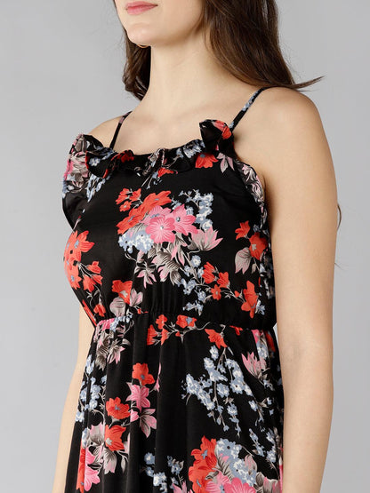 Znx Women Red Floral Printed Black Maxi Dress - Znxclothing