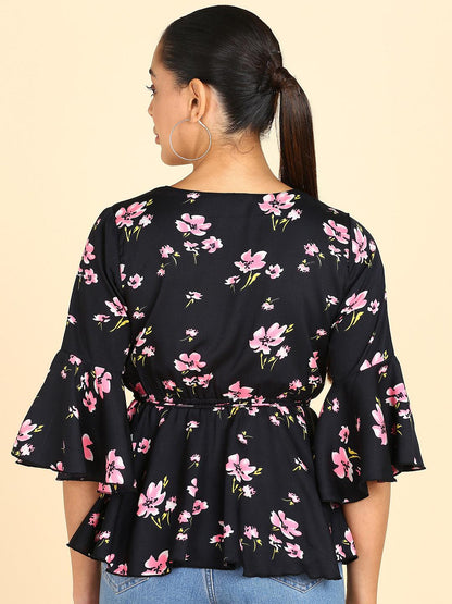 Floral Printed Black Empire Top - Znxclothing