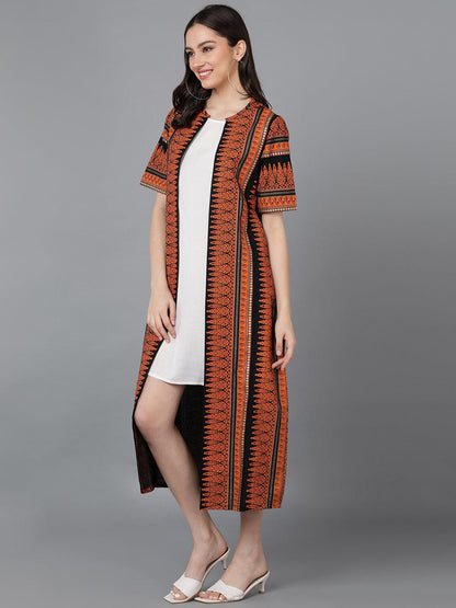 Solid White Dress With Trible Printed Jacket - Znxclothing