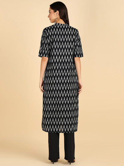 Zig-Zag Printed Black Princes Cut Kurta