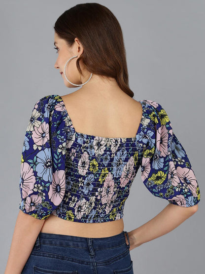 Smocked Floral Printed Blue Crop Top - Znxclothing