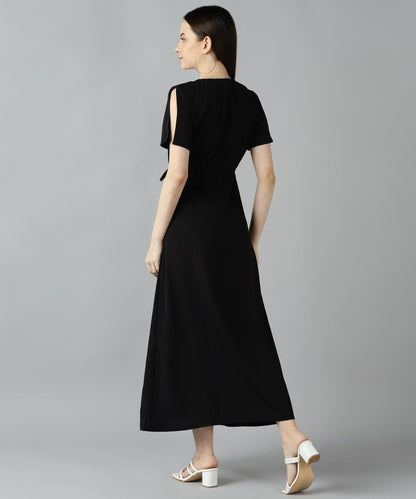 Znx Women Solid Black Fornt Slit Dress - Znxclothing