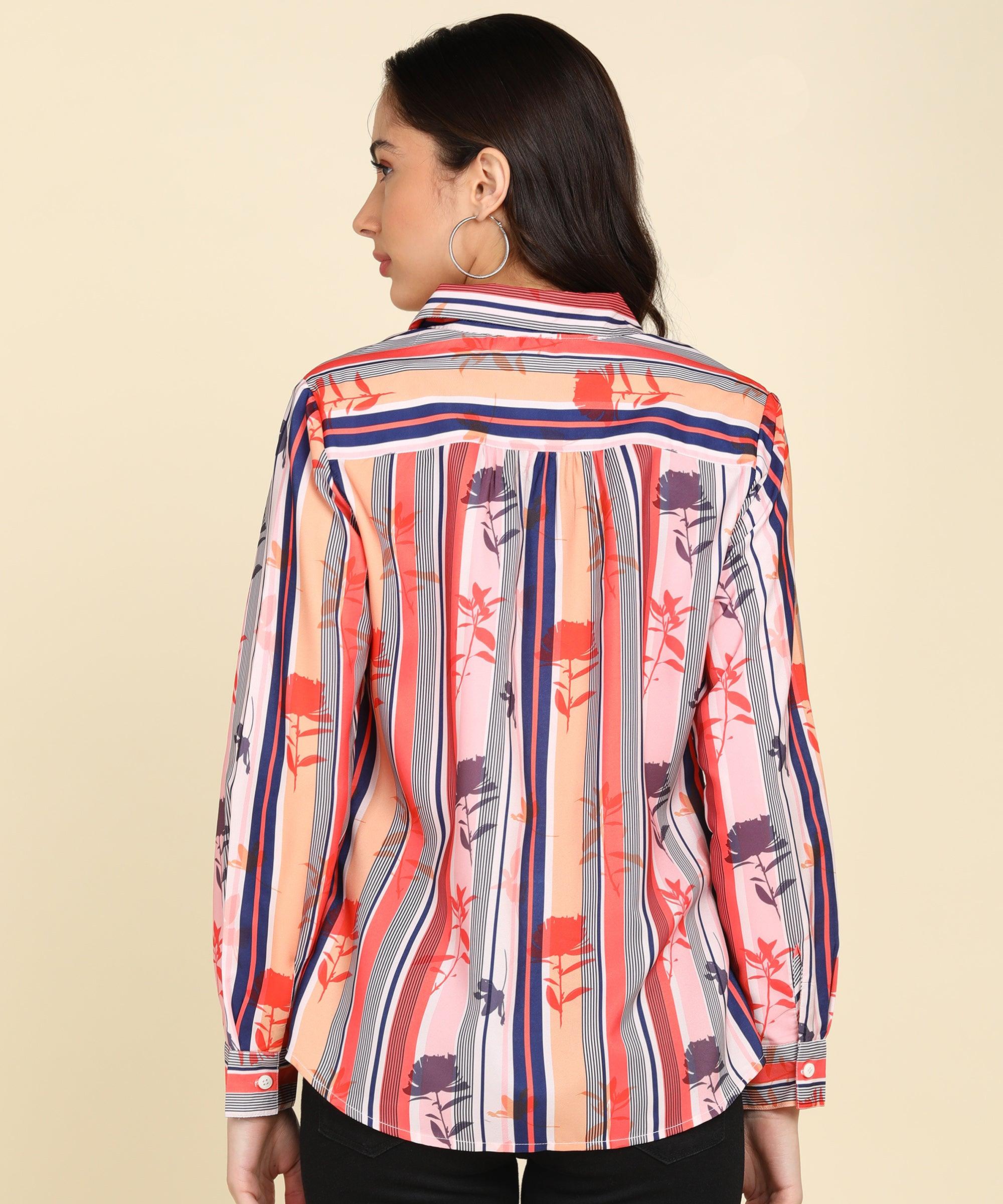 Multicolor Strip &amp; Floral Printed Shirt - Znxclothing