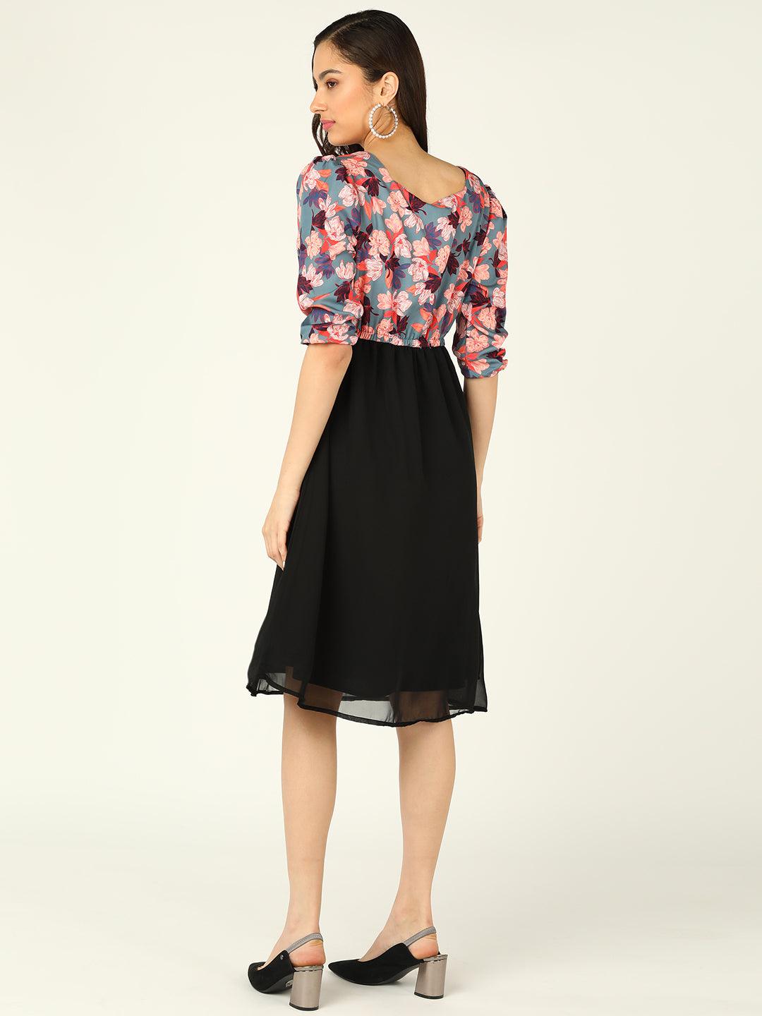 Peach Floral Printed Grey &amp; Black Dress - Znxclothing