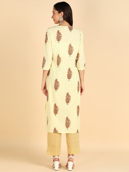 Women Yellow Printed Pure Cotton Kurta With Trousers