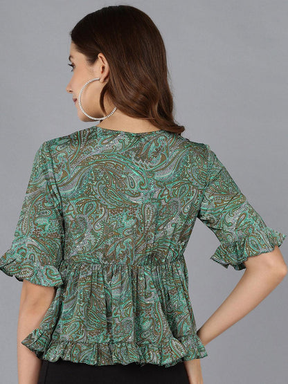 Ethnic Motifs Printed Green Top - Znxclothing