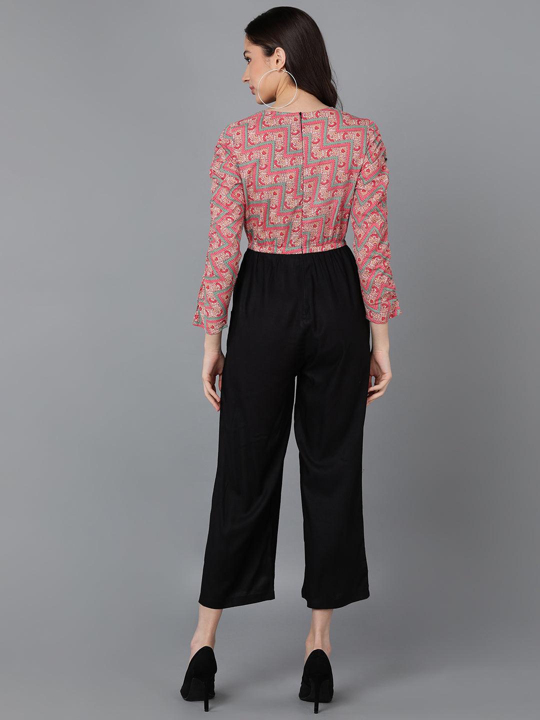 Pink Printed Jumpsuit With Smocked Sleeve - Znxclothing