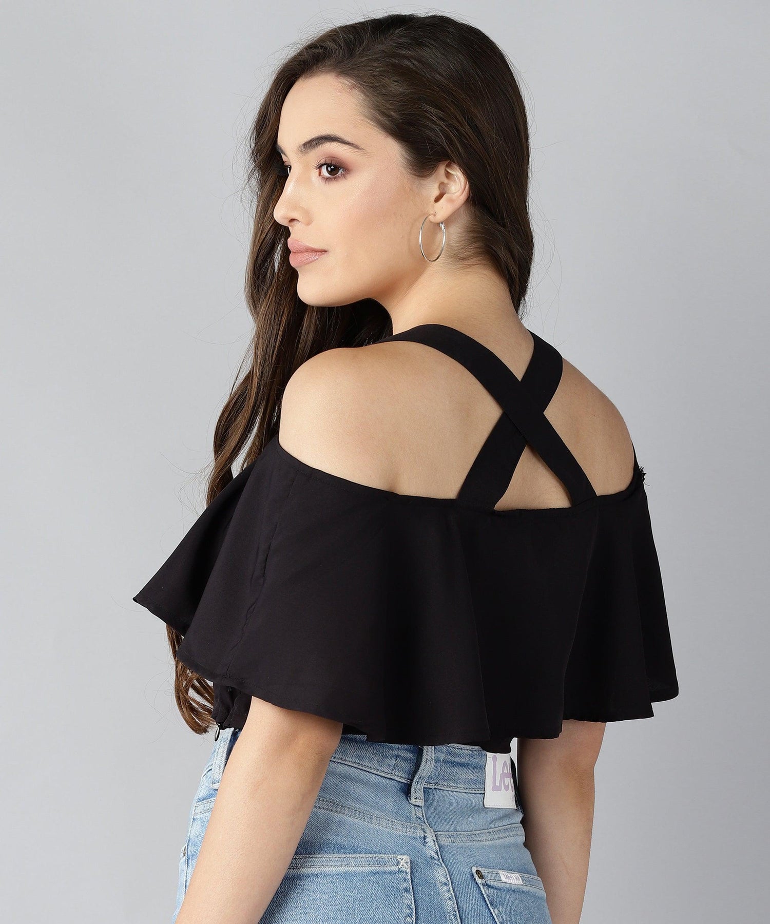 Women Shoulder Straps Black Solid Top - Znxclothing