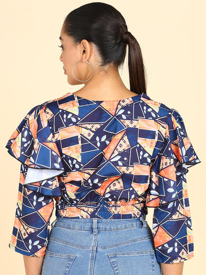 Geometric Printed Blue Blouson Crop Top - Znxclothing