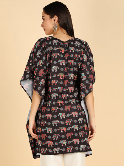 Ethnic Motifs Printed Black Kaftan With Tassel Details
