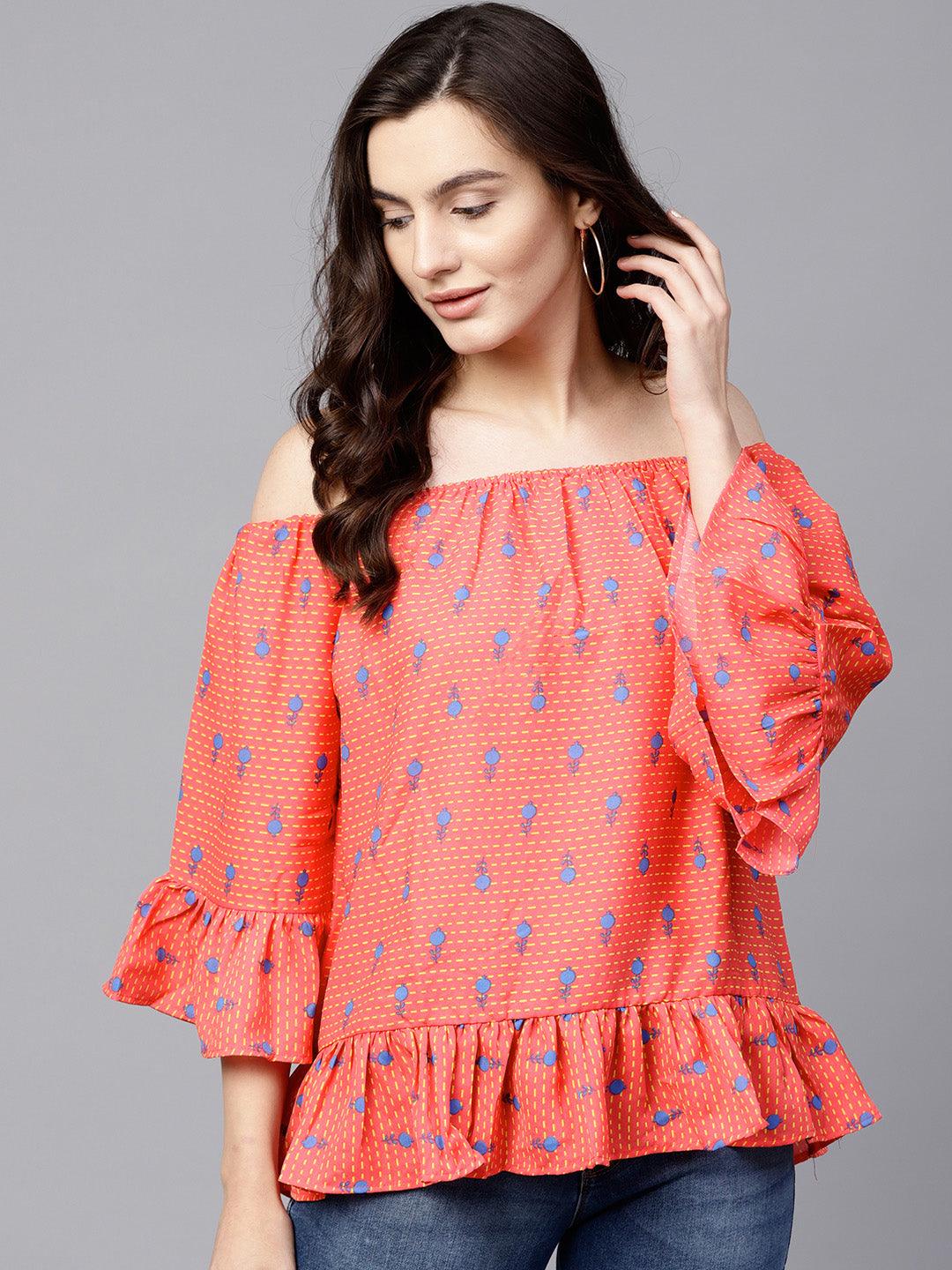 Orange Printed Bardot Top - Znxclothing